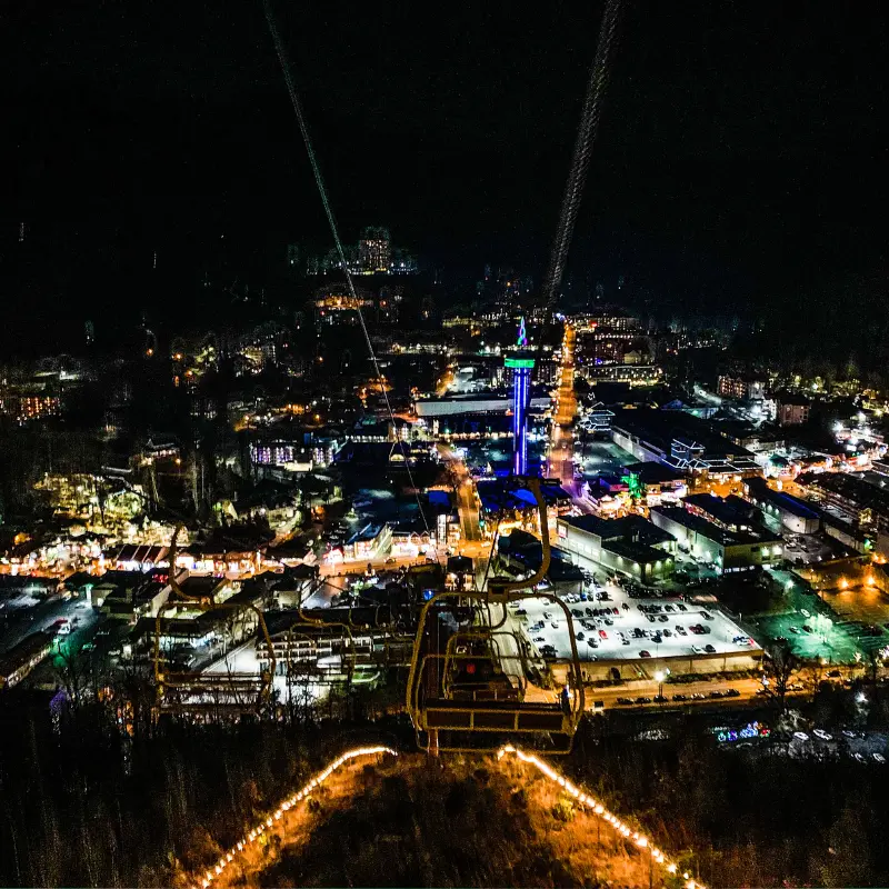 Gatlinburg, Tennessee, lit up by lights at night